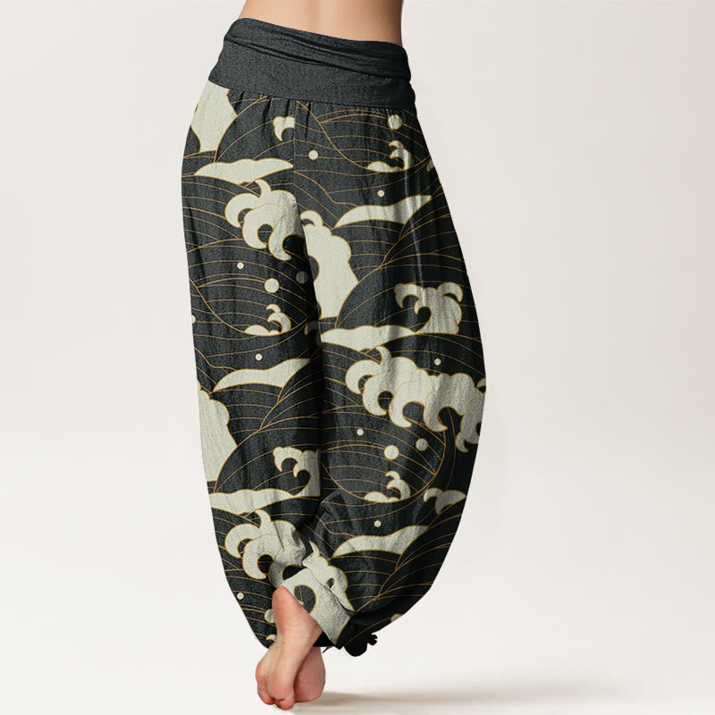 Pantalones harén informales con estampado de ondas abstractas y Buddha Stones para mujer, con cintura elástica - image 3