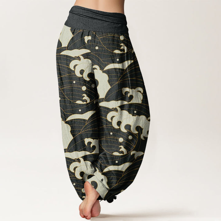 Pantalones harén informales con estampado de ondas abstractas y Buddha Stones para mujer, con cintura elástica - image 3