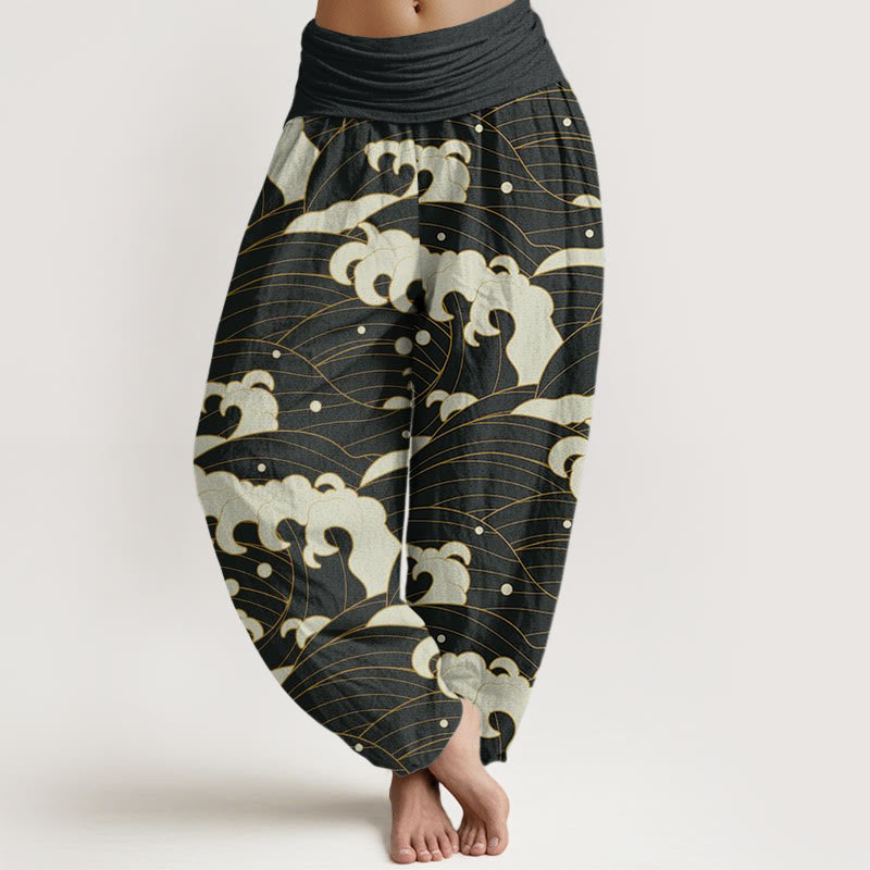 Pantalones harén informales con estampado de ondas abstractas y Buddha Stones para mujer, con cintura elástica - Negro - US22，UK/AU26，EU54 (6XL) - image 0