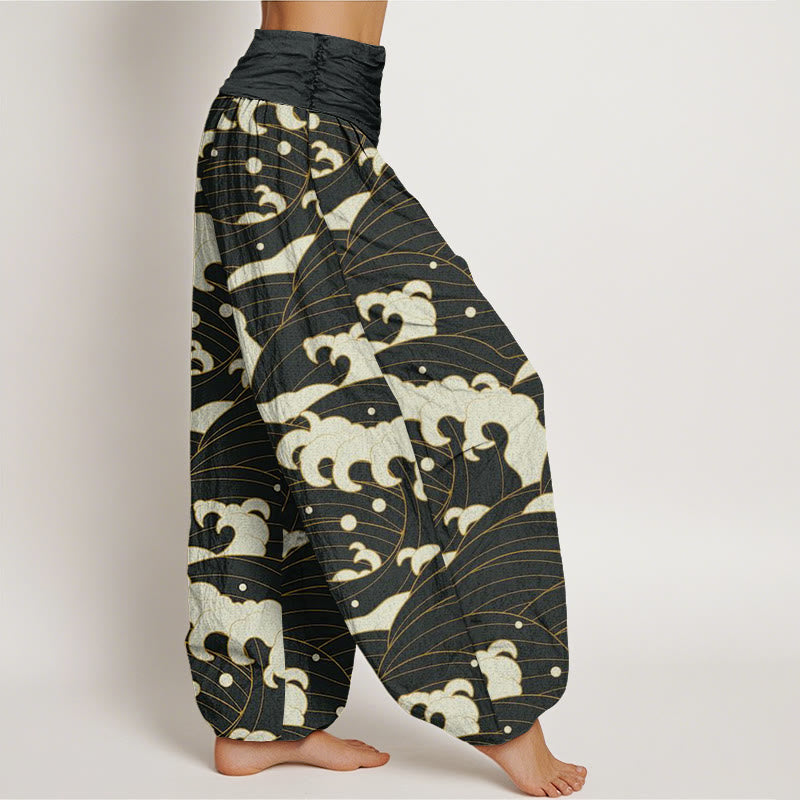 Pantalones harén informales con estampado de ondas abstractas y Buddha Stones para mujer, con cintura elástica - image 1