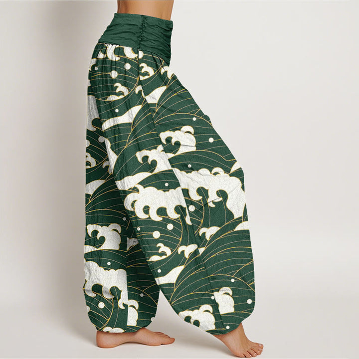 Pantalones harén informales con estampado de ondas abstractas y Buddha Stones para mujer, con cintura elástica - image 6