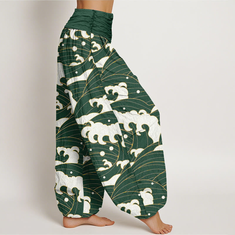 Pantalones harén informales con estampado de ondas abstractas y Buddha Stones para mujer, con cintura elástica - image 5