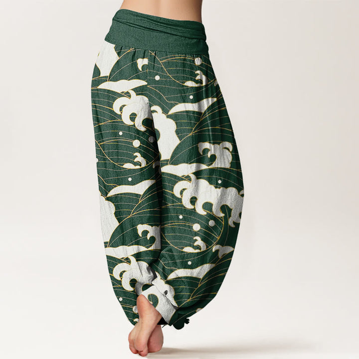 Pantalones harén informales con estampado de ondas abstractas y Buddha Stones para mujer, con cintura elástica - image 7