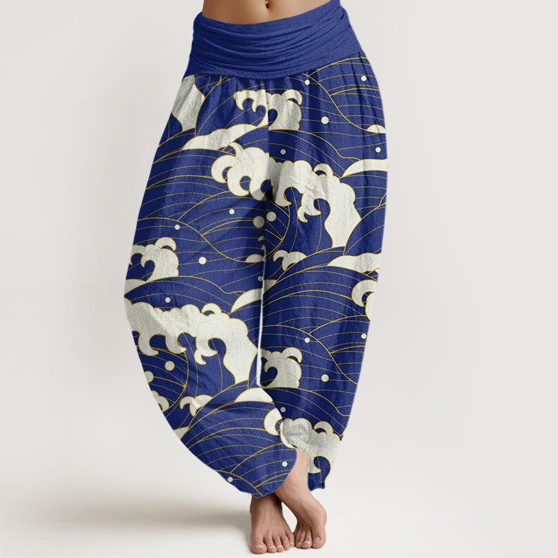 Pantalones harén informales con estampado de ondas abstractas y Buddha Stones para mujer, con cintura elástica - Azul medio - US22，UK/AU26，EU54 (6XL) - image 7
