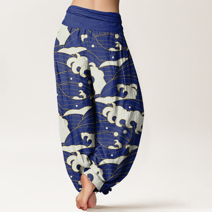 Pantalones harén informales con estampado de ondas abstractas y Buddha Stones para mujer, con cintura elástica - image 10