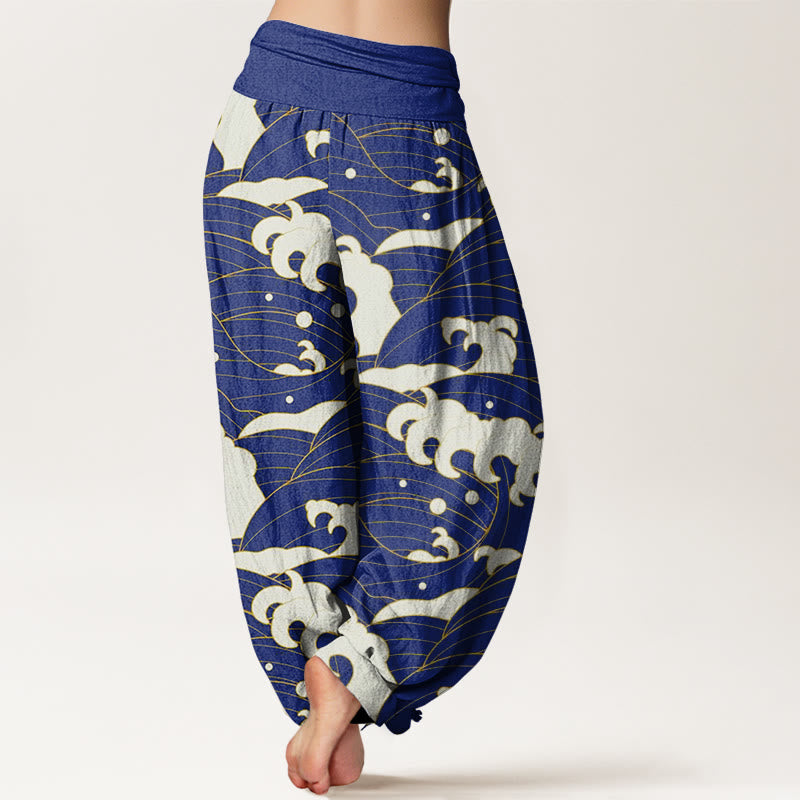 Pantalones harén informales con estampado de ondas abstractas y Buddha Stones para mujer, con cintura elástica - image 9