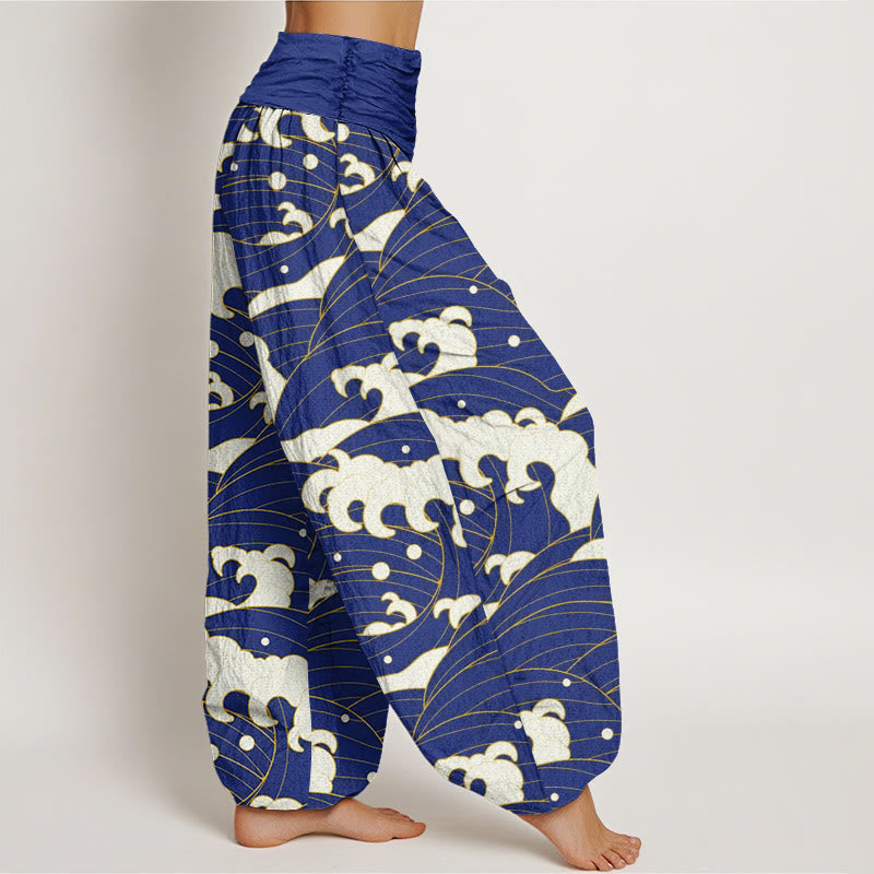 Pantalones harén informales con estampado de ondas abstractas y Buddha Stones para mujer, con cintura elástica - image 8