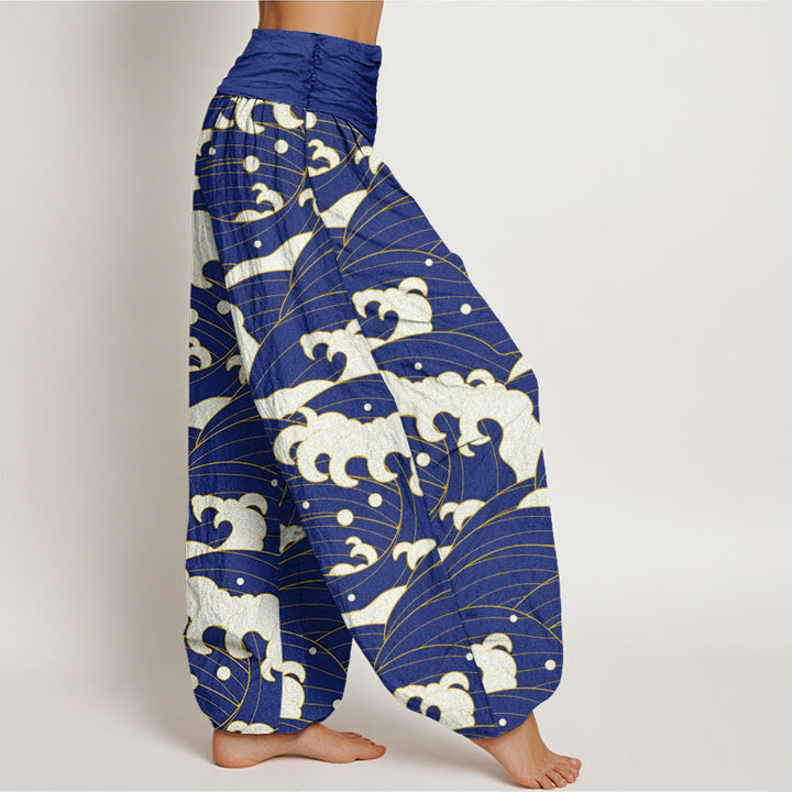Pantalones harén informales con estampado de ondas abstractas y Buddha Stones para mujer, con cintura elástica - image 8