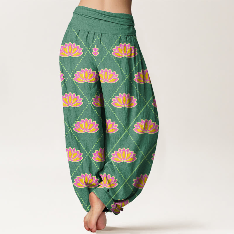 Pantalones harén con cintura elástica para mujer, informales, con estampado de flor de loto vibrante y Buddha Stones - image 3