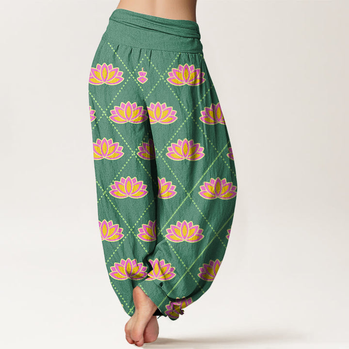Pantalones harén con cintura elástica para mujer, informales, con estampado de flor de loto vibrante y Buddha Stones - image 3