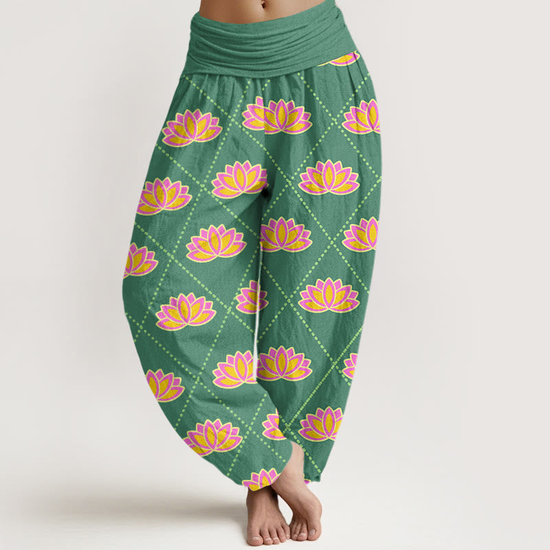 Pantalones harén con cintura elástica para mujer, informales, con estampado de flor de loto vibrante y Buddha Stones - Verde mar medio - US22，UK/AU26，EU54 (6XL) - image 0
