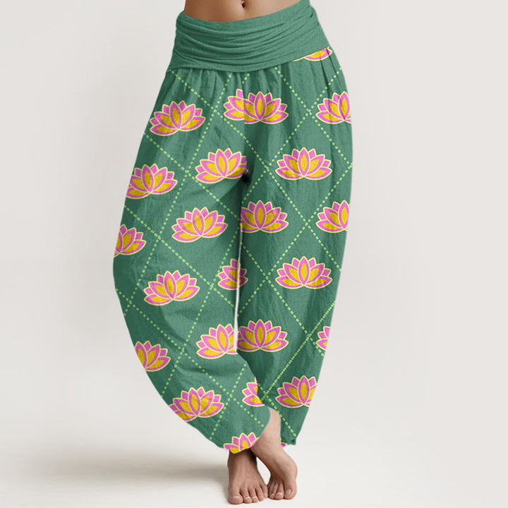 Pantalones harén con cintura elástica para mujer, informales, con estampado de flor de loto vibrante y Buddha Stones - Verde mar medio - US22，UK/AU26，EU54 (6XL) - image 0
