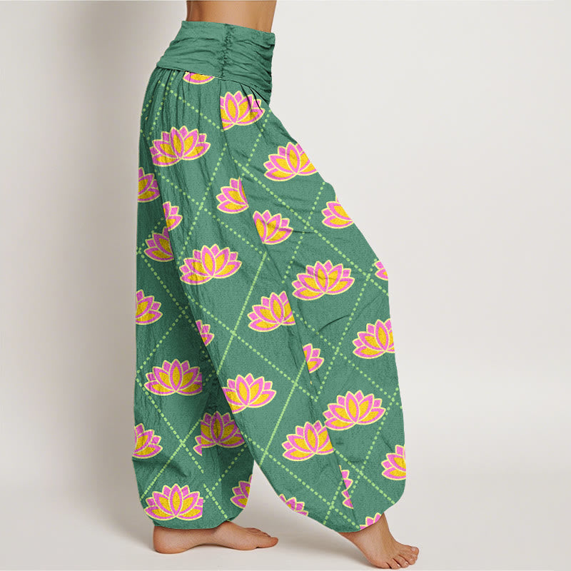 Pantalones harén con cintura elástica para mujer, informales, con estampado de flor de loto vibrante y Buddha Stones - image 1