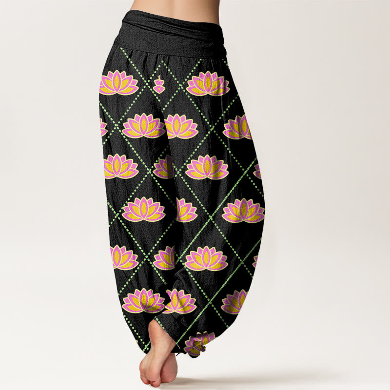 Pantalones harén con cintura elástica para mujer, informales, con estampado de flor de loto vibrante y Buddha Stones - image 7