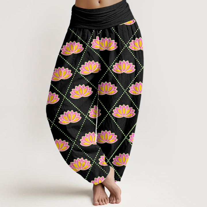 Pantalones harén con cintura elástica para mujer, informales, con estampado de flor de loto vibrante y Buddha Stones - Negro - US22，UK/AU26，EU54 (6XL) - image 4