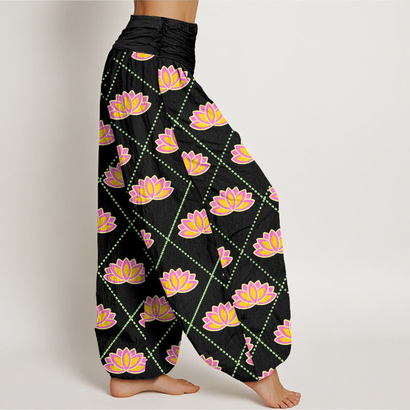 Pantalones harén con cintura elástica para mujer, informales, con estampado de flor de loto vibrante y Buddha Stones - image 6