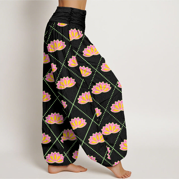 Pantalones harén con cintura elástica para mujer, informales, con estampado de flor de loto vibrante y Buddha Stones - image 6
