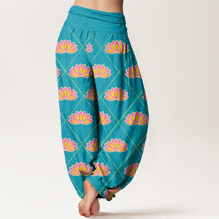 Pantalones harén con cintura elástica para mujer, informales, con estampado de flor de loto vibrante y Buddha Stones - image 10