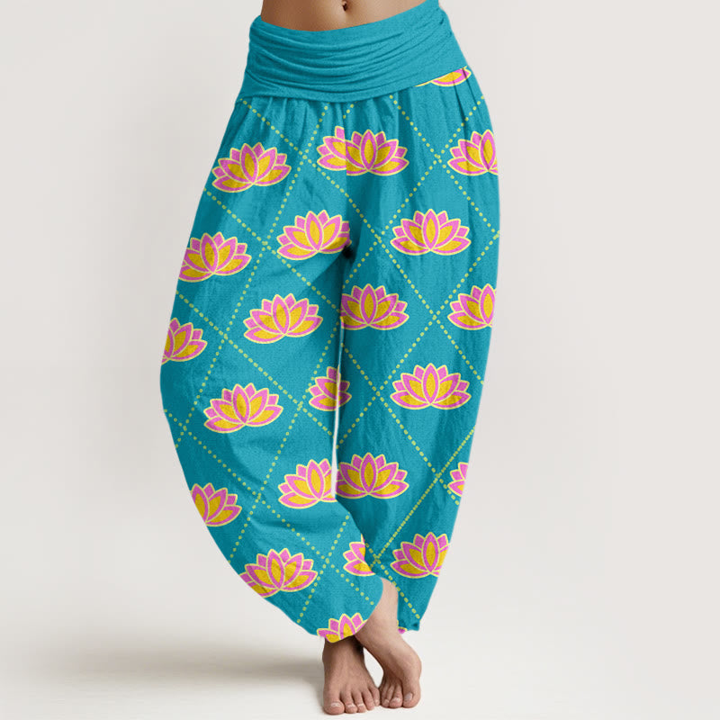 Pantalones harén con cintura elástica para mujer, informales, con estampado de flor de loto vibrante y Buddha Stones - Azul cielo profundo - US22，UK/AU26，EU54 (6XL) - image 8