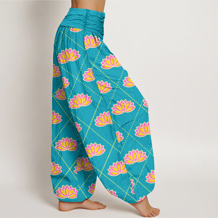 Pantalones harén con cintura elástica para mujer, informales, con estampado de flor de loto vibrante y Buddha Stones - image 9