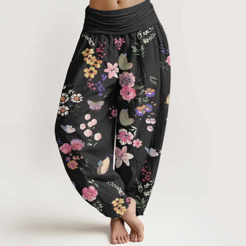 Pantalones harén con cintura elástica para mujer, informales, con estampado de flores coloridas y mariposas, de Buddha Stones - Negro - US22，UK/AU26，EU54 (6XL) - image 0
