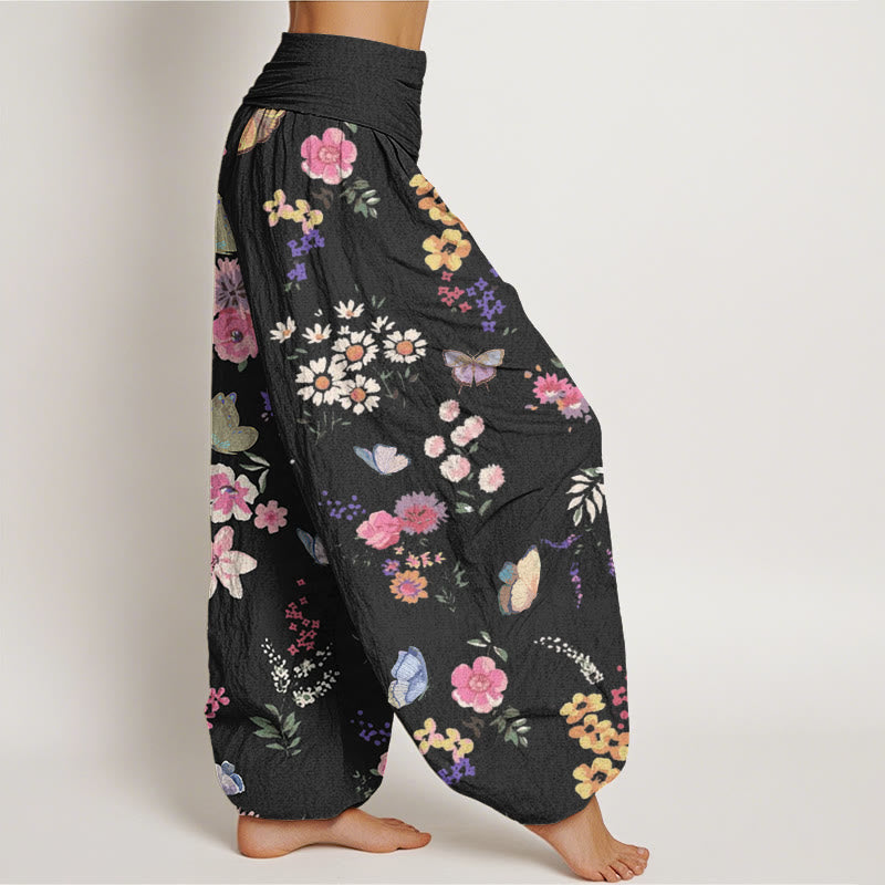 Pantalones harén con cintura elástica para mujer, informales, con estampado de flores coloridas y mariposas, de Buddha Stones - image 1