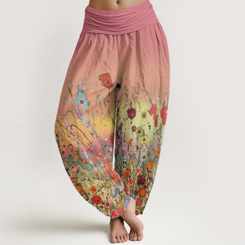 Pantalones harén con cintura elástica para mujer, con estampado de flores coloridas y fondo degradado, informales y Buddha Stones - Coral claro - US22，UK/AU26，EU54 (6XL) - image 1