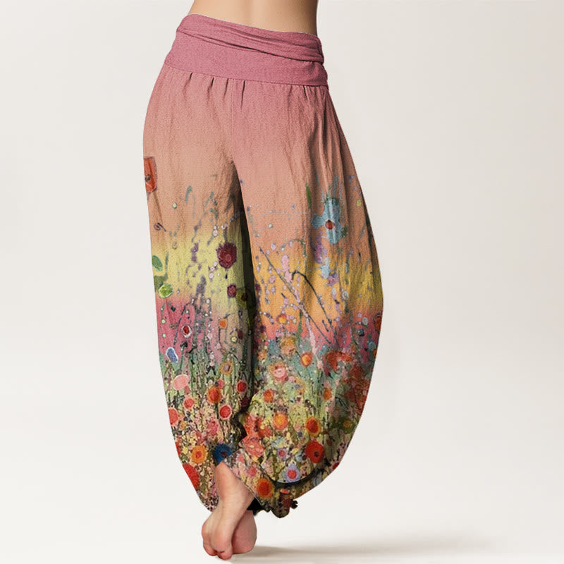 Pantalones harén con cintura elástica para mujer, con estampado de flores coloridas y fondo degradado, informales y Buddha Stones - image 1