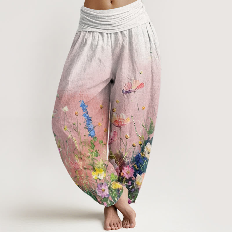 Pantalones harén con cintura elástica para mujer, estilo casual, con estampado floral de acuarela y Buddha Stones - Rosa - US22，UK/AU26，EU54 (6XL) - image 1