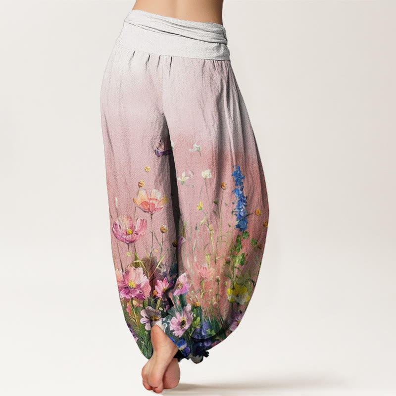 Pantalones bombachos de mujer con cintura elástica, estilo acuarela, estampado floral informal con Buddha Stones, de algodón. - image 2