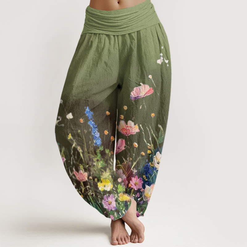 Pantalones bombachos de mujer con cintura elástica, estilo acuarela, estampado floral informal con Buddha Stones, de algodón. - Verde oliva - US22，UK/AU26，EU54 (6XL) - image 4