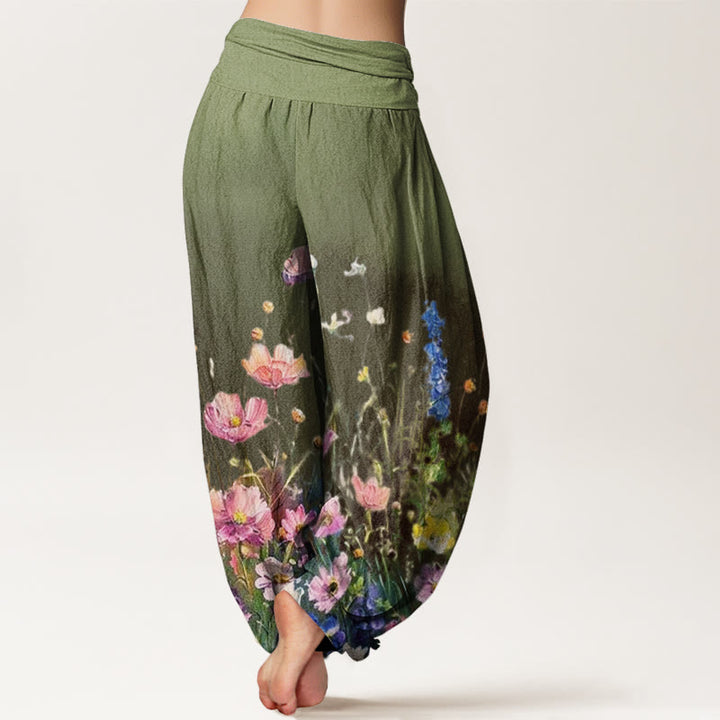 Pantalones bombachos de mujer con cintura elástica, estilo acuarela, estampado floral informal con Buddha Stones, de algodón. - image 6