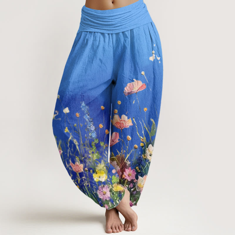 Pantalones bombachos de mujer con cintura elástica, estilo acuarela, estampado floral informal con Buddha Stones, de algodón. - DodgerBlue - US22，UK/AU26，EU54 (6XL) - image 7