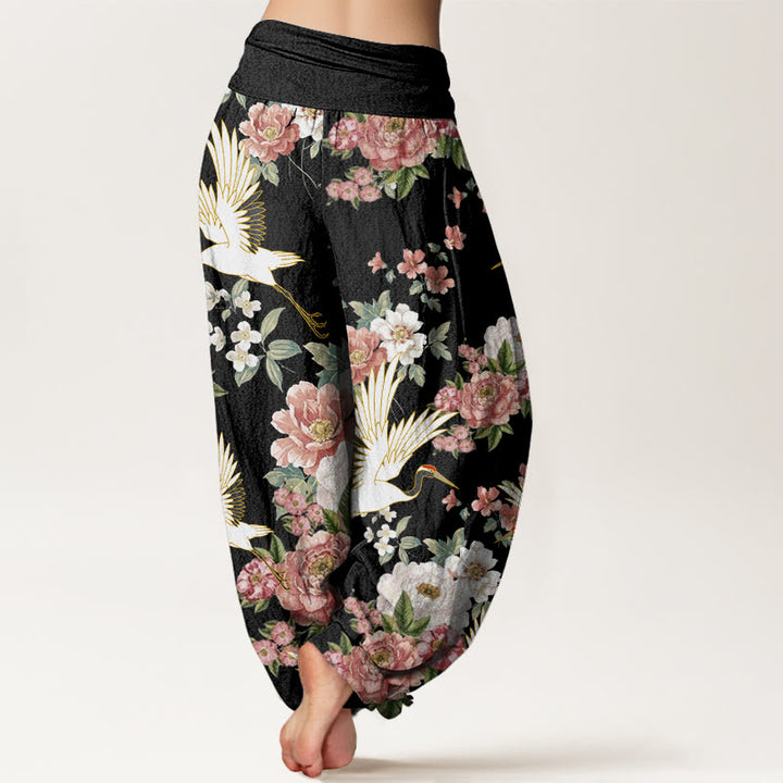 Pantalones harén con cintura elástica para mujer, con estampado de grullas y peonías florecientes de Buddha Stones - image 3