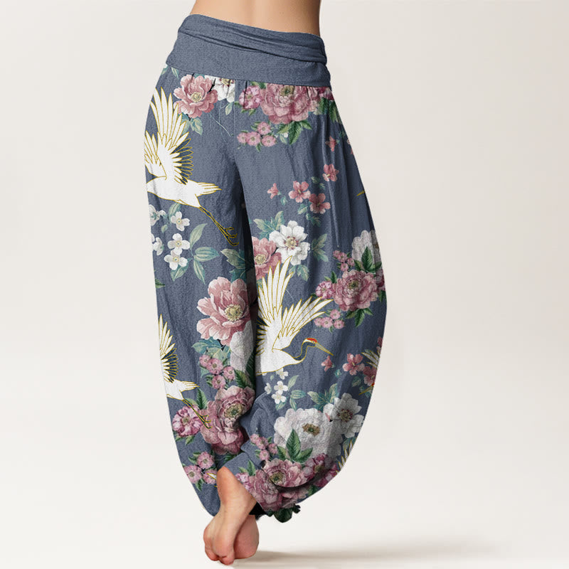 Pantalones harén con cintura elástica para mujer, con estampado de grullas y peonías florecientes de Buddha Stones - image 7