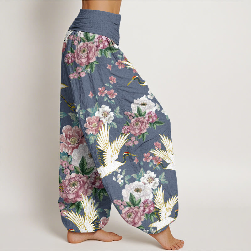 Pantalones harén con cintura elástica para mujer, con estampado de grullas y peonías florecientes de Buddha Stones - image 5