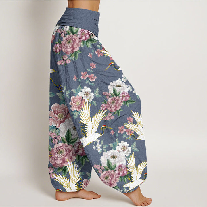 Pantalones harén con cintura elástica para mujer, con estampado de grullas y peonías florecientes de Buddha Stones - image 5