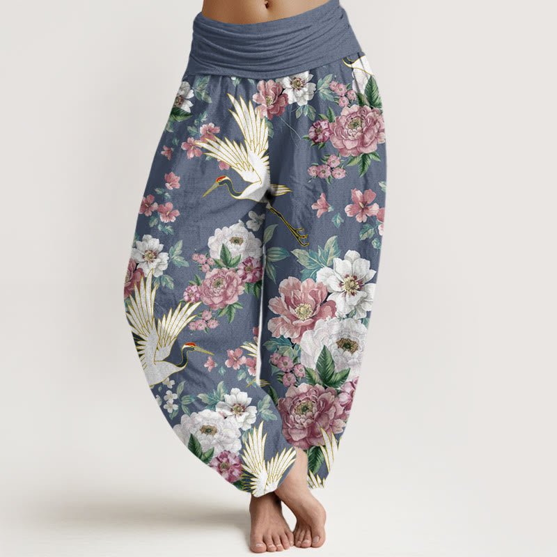 Pantalones harén con cintura elástica para mujer, con estampado de grullas y peonías florecientes de Buddha Stones - Azul aciano - US22，UK/AU26，EU54 (6XL) - image 4