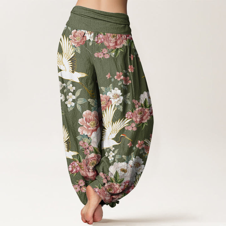 Pantalones harén con cintura elástica para mujer, con estampado de grullas y peonías florecientes de Buddha Stones - image 9