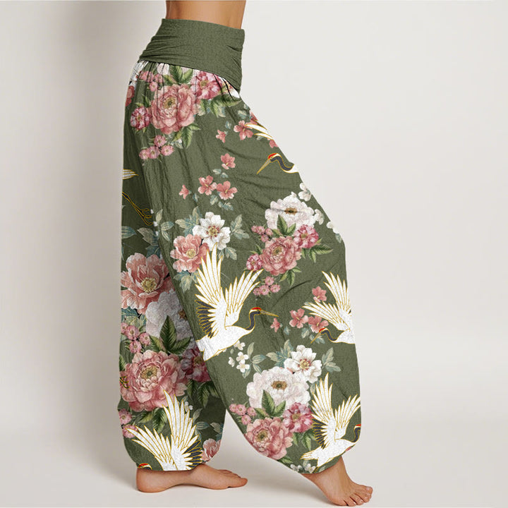 Pantalones harén con cintura elástica para mujer, con estampado de grullas y peonías florecientes de Buddha Stones - image 8