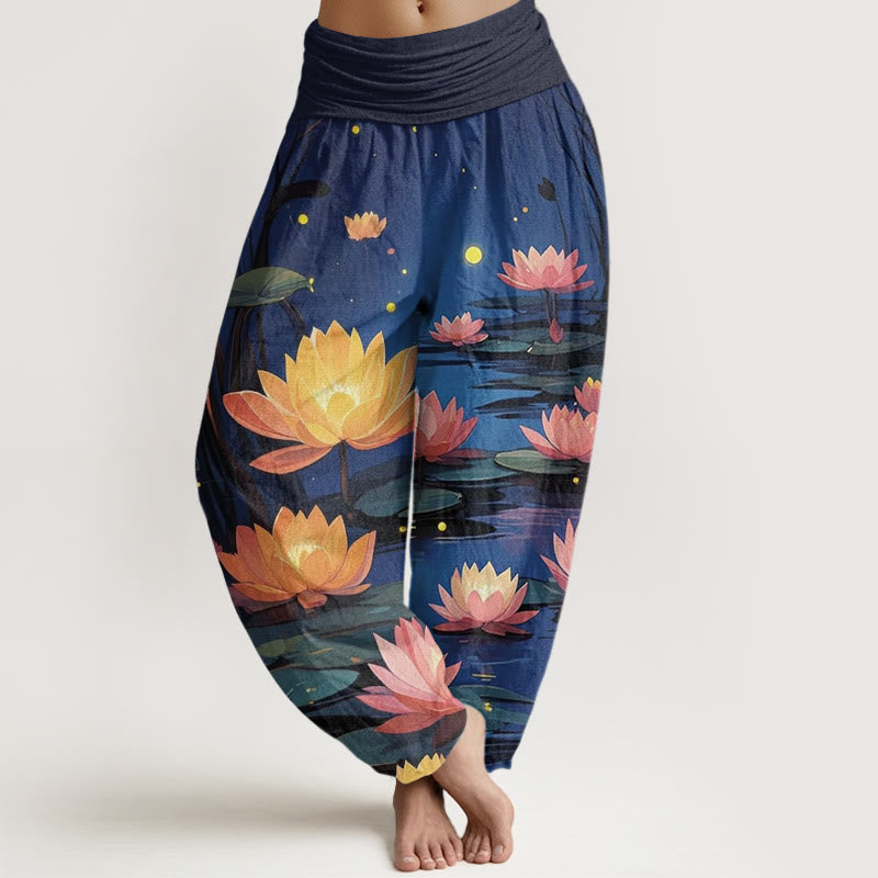 Pantalones harén con cintura elástica para mujer, con estampado de loto nocturno y Buddha Stones - Marina de guerra - US22，UK/AU26，EU54 (6XL) - image 0