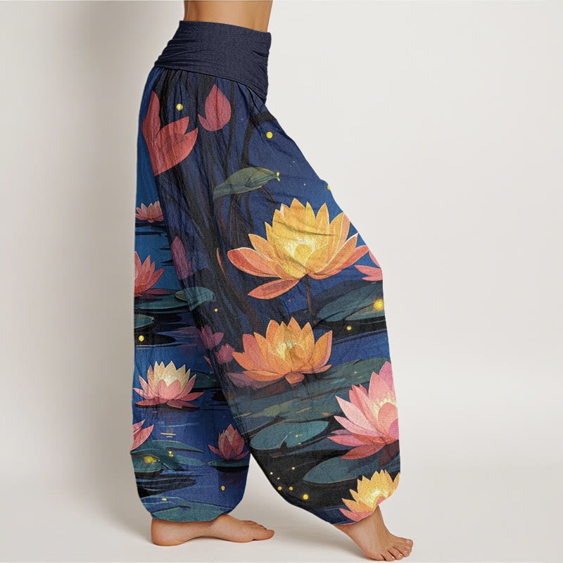 Pantalones harén con cintura elástica para mujer, con estampado de loto nocturno y Buddha Stones - image 1