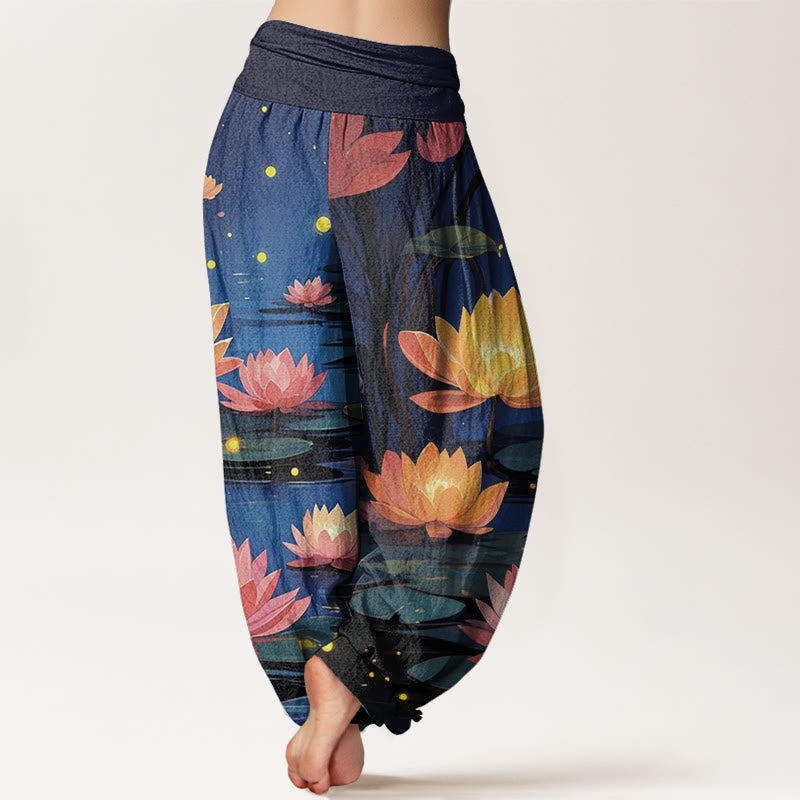 Pantalones harén con cintura elástica para mujer, con estampado de loto nocturno y Buddha Stones - image 3