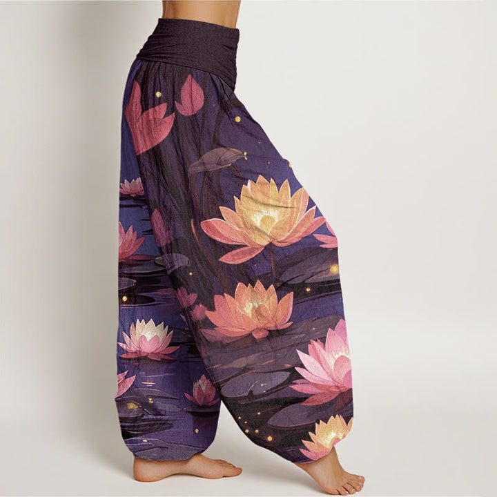 Pantalones harén con cintura elástica para mujer, con estampado de loto nocturno y Buddha Stones - image 6