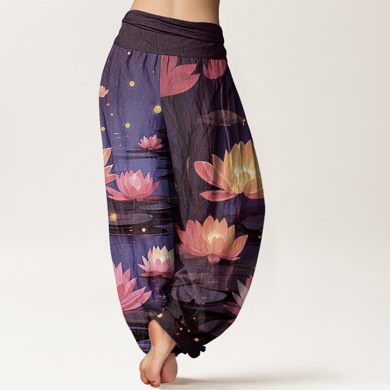 Pantalones harén con cintura elástica para mujer, con estampado de loto nocturno y Buddha Stones - image 7