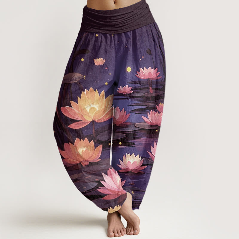 Pantalones harén con cintura elástica para mujer, con estampado de loto nocturno y Buddha Stones - Índigo - US22，UK/AU26，EU54 (6XL) - image 4