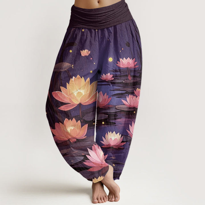 Pantalones harén con cintura elástica para mujer, con estampado de loto nocturno y Buddha Stones - Índigo - US22，UK/AU26，EU54 (6XL) - image 4