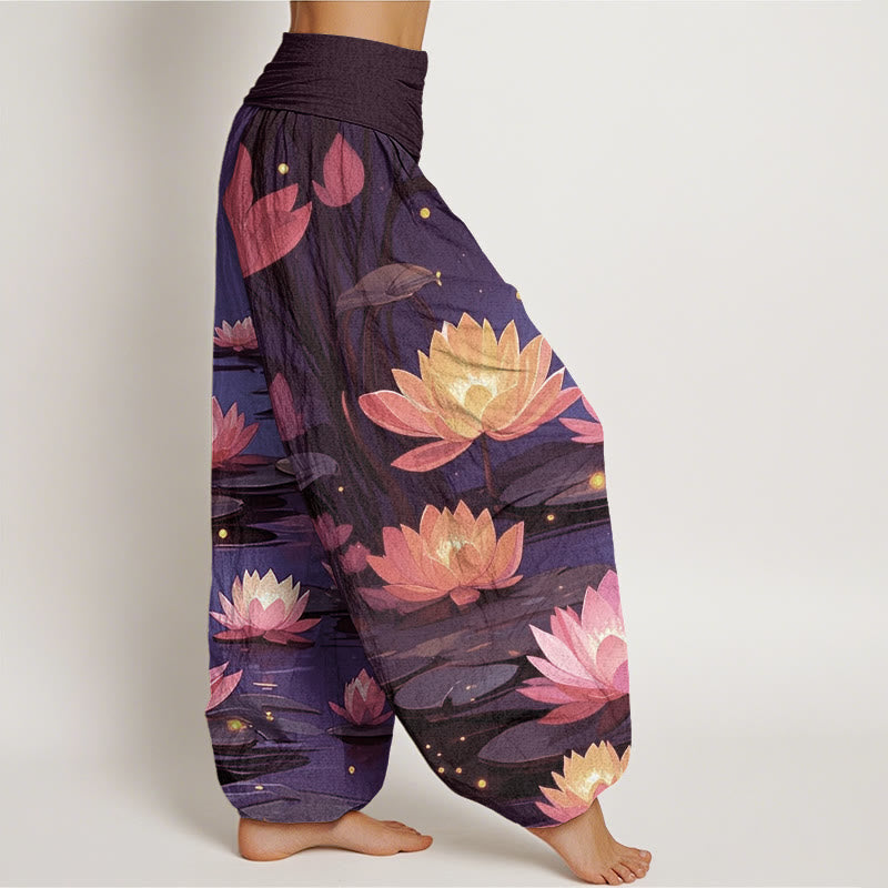 Pantalones harén con cintura elástica para mujer, con estampado de loto nocturno y Buddha Stones - image 5