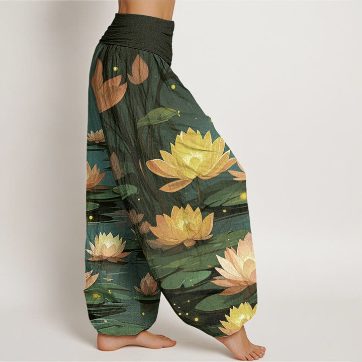 Pantalones harén con cintura elástica para mujer, con estampado de loto nocturno y Buddha Stones - image 9