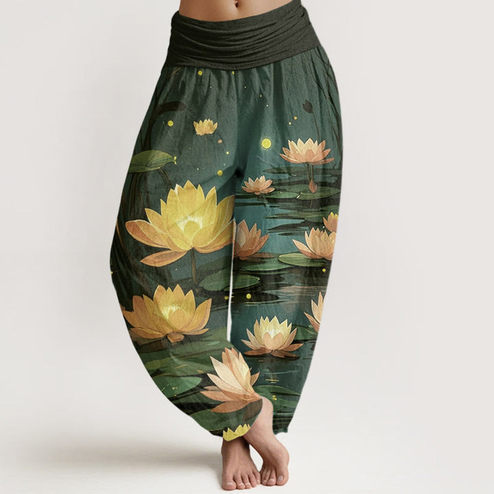 Pantalones harén con cintura elástica para mujer, con estampado de loto nocturno y Buddha Stones - Verde oscuro - US22，UK/AU26，EU54 (6XL) - image 8